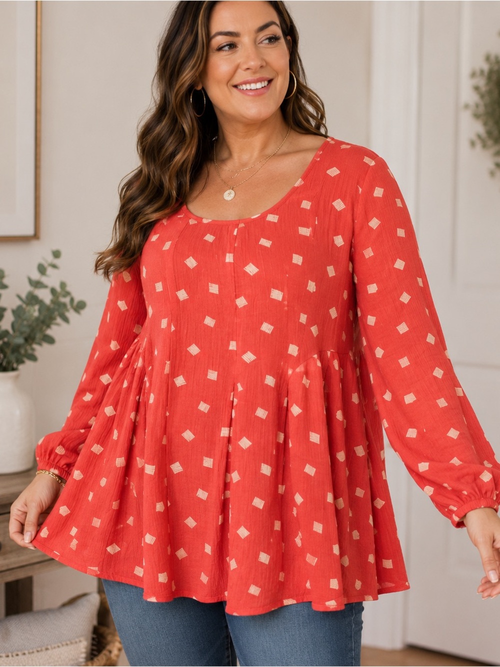 Torrid Size 1 / 1X Dark Coral Crinkle Gauze Babydoll Top Long Sleeve Rayon
